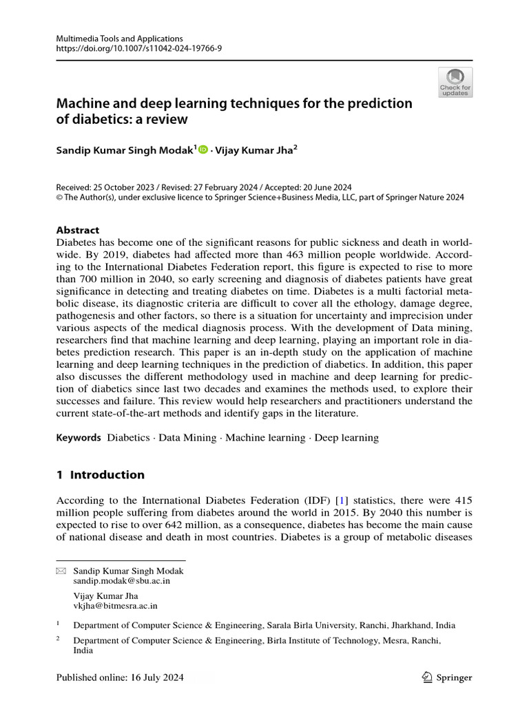 Machine and Deep Learning Techniques For The Prediction of Diabetics: A ...
