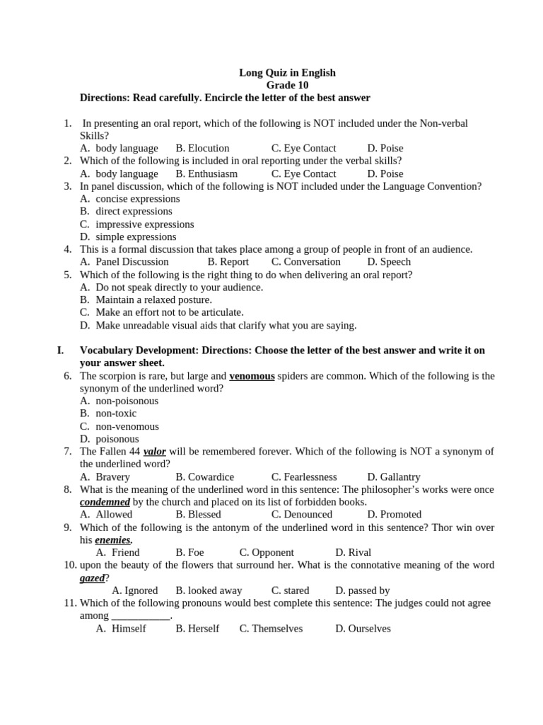 Grade 10 English Quiz | PDF | Linguistics | Human Communication