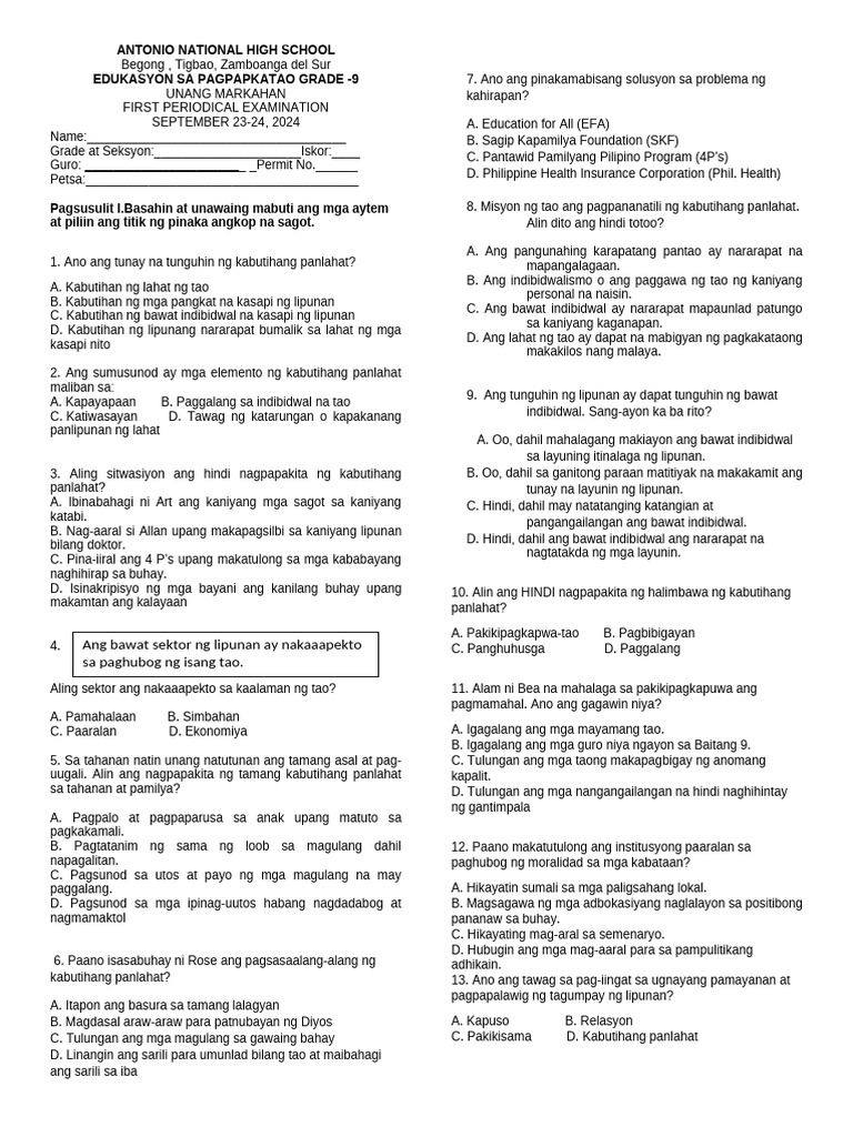 Esp 9 q1 Final Exam 2024 | PDF