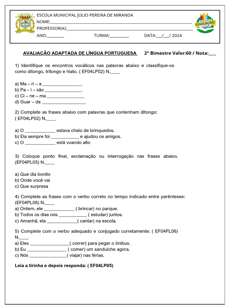 Avaliacao de Portugues 2 Bimestre | PDF