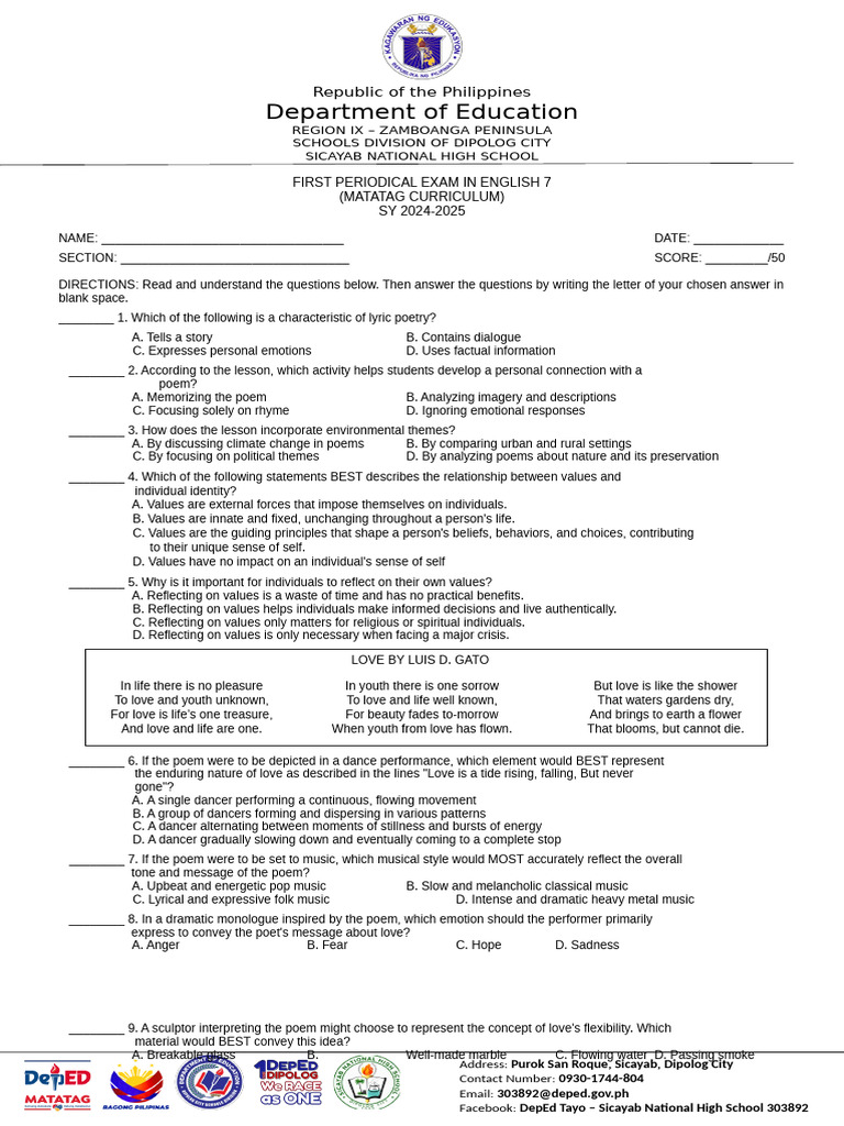 English 7 First Quarter Exam Guide | PDF | Poetry | Dances