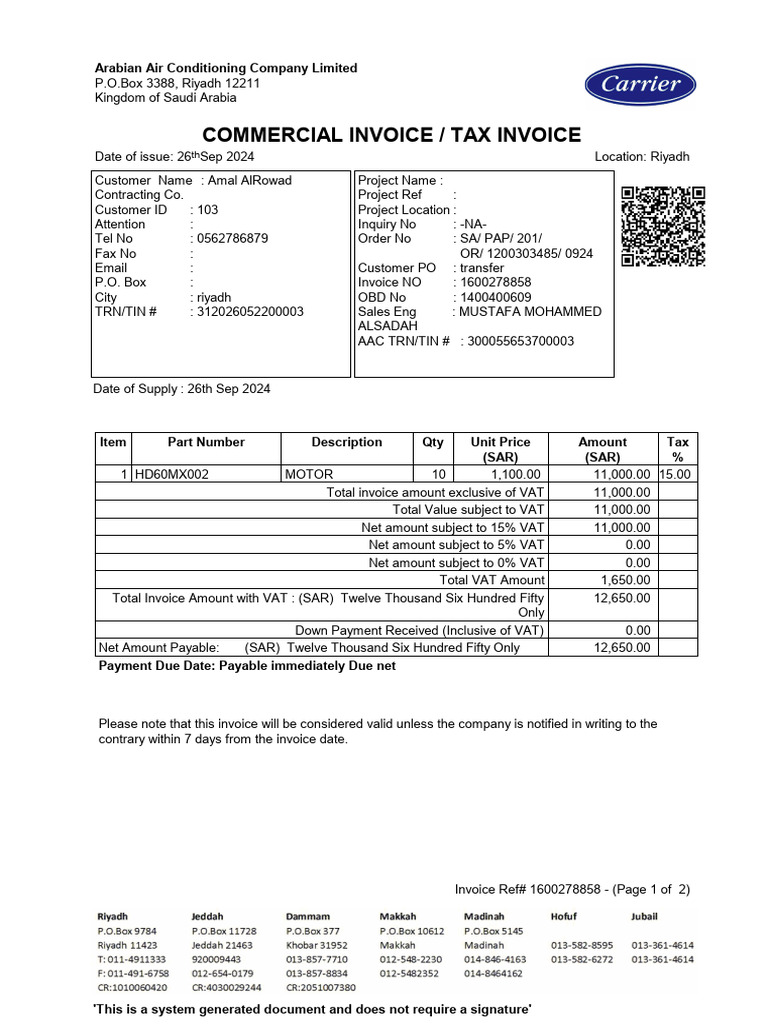 Commercial Invoice / Tax Invoice: Arabian Air Conditioning Company ...