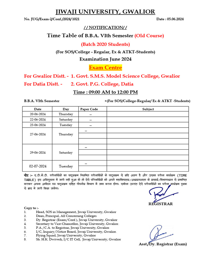 B.B.A. VI Semester Exam Timetable 2024 | PDF