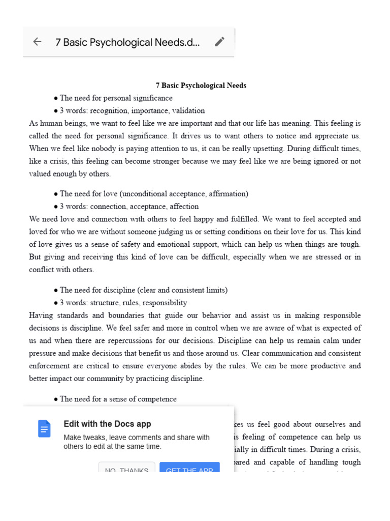 7 Basic Psychological Needs | PDF