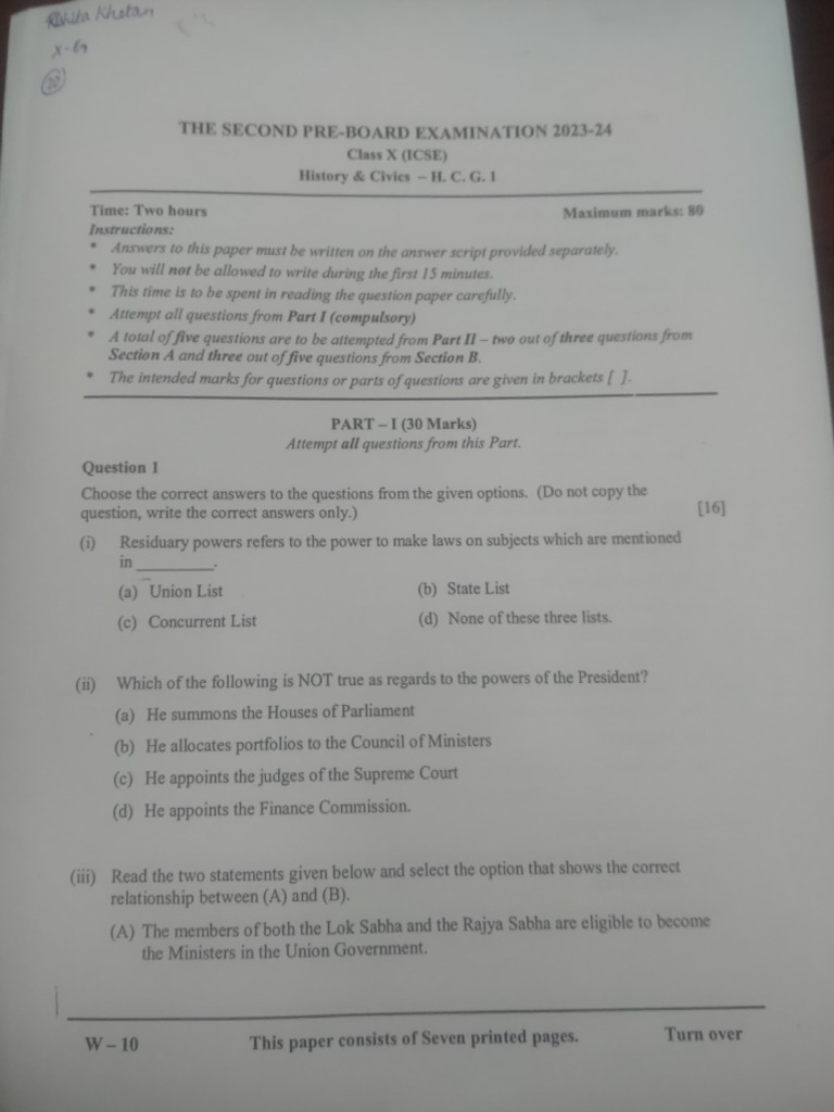 History Civics Pre Board 2 Cms Paper | PDF