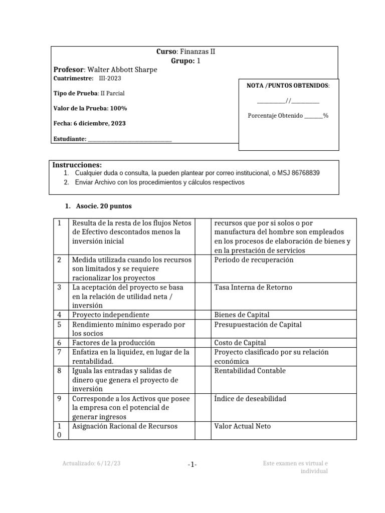 Examen Virtual Finanzas II - Cuatrimestre III | PDF | Tasa interna de ...
