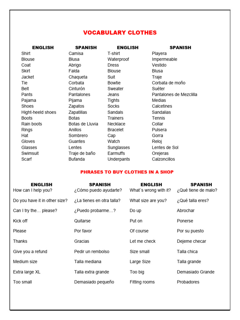 Vocabulary Clothes Pdf Fashion Clothing