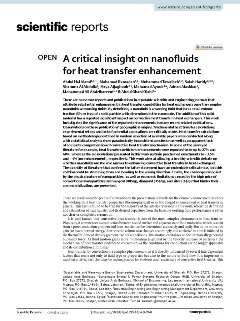 A Critical Insight On Nanofluids For Heat Transfer Enhancement | PDF