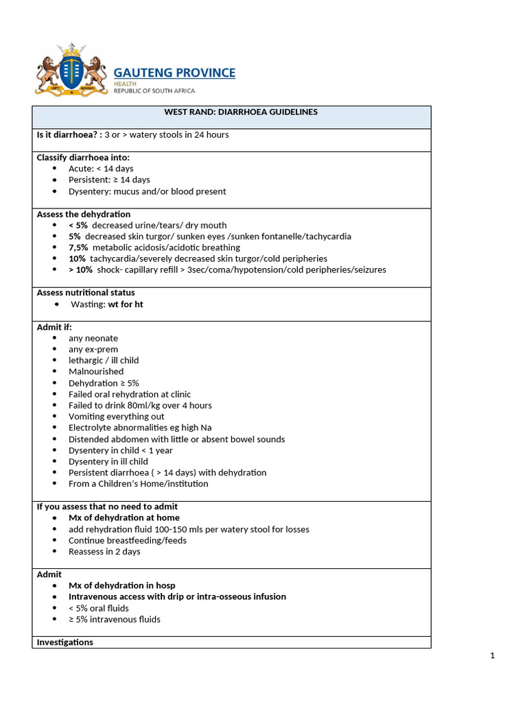 Diarrhoea Guidelines West Rand | PDF