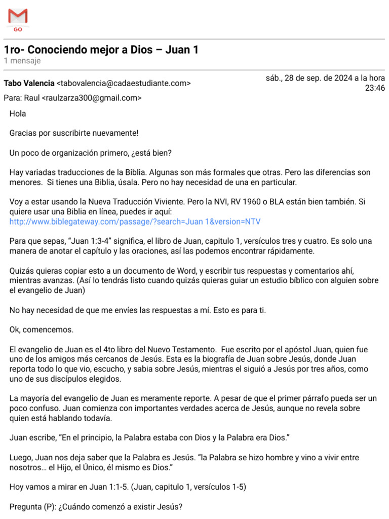 Gmail - 1ro - Conociendo Mejor A Dios - Juan 1 | PDF