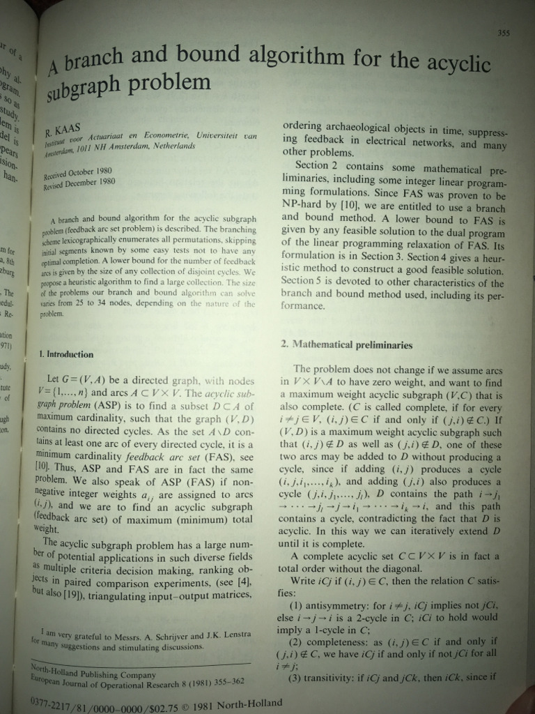 A Branch and Bound Algorithm For The Acyclic Subgraph Problem | PDF