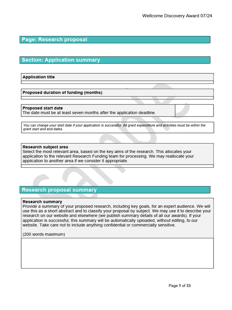 Sample Full App Form Wellcome Discovery Award | PDF