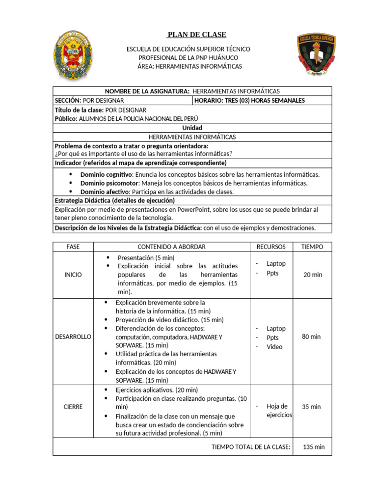 Modelo y Ejemplo de Plan de Clase | PDF
