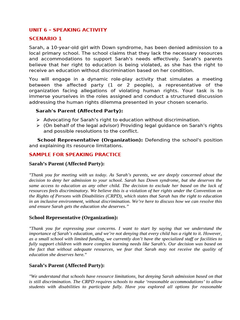 Unit 6 - Sample For Speaking Practice - Scenario 1 | PDF