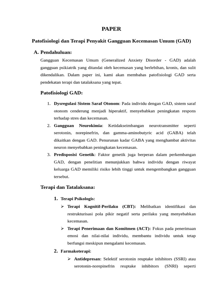 Paper: Patofisiologi Dan Terapi Penyakit Gangguan Kecemasan Umum (GAD ...
