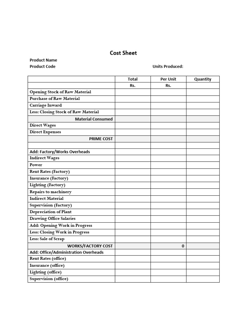 Cost Sheet Template for BCom Students | PDF | Computers