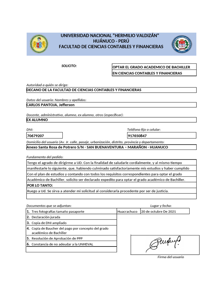 Solisitud para Optar El Bachiller-1 | PDF
