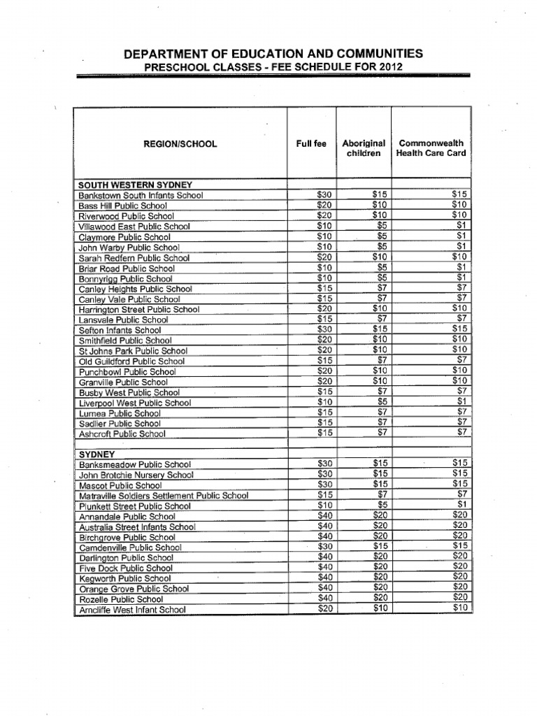 2012 Preschool Fee Schedule