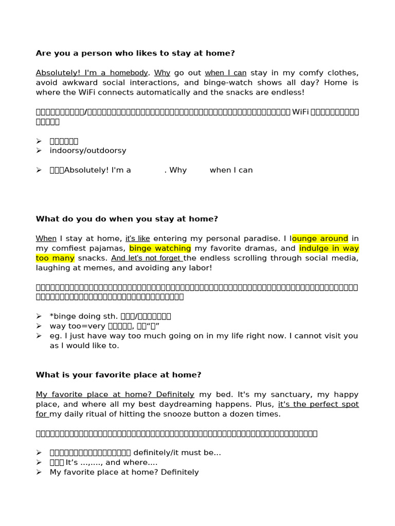 Speaking Topic - Stay at Home | PDF