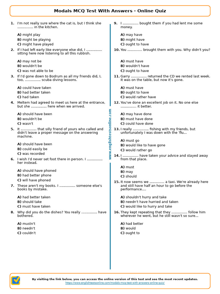 550 Modals MCQ Test With Answers Online Quiz ENGLISH | PDF