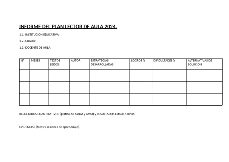 Informe Del Plan Lector de Aula 2024 | PDF