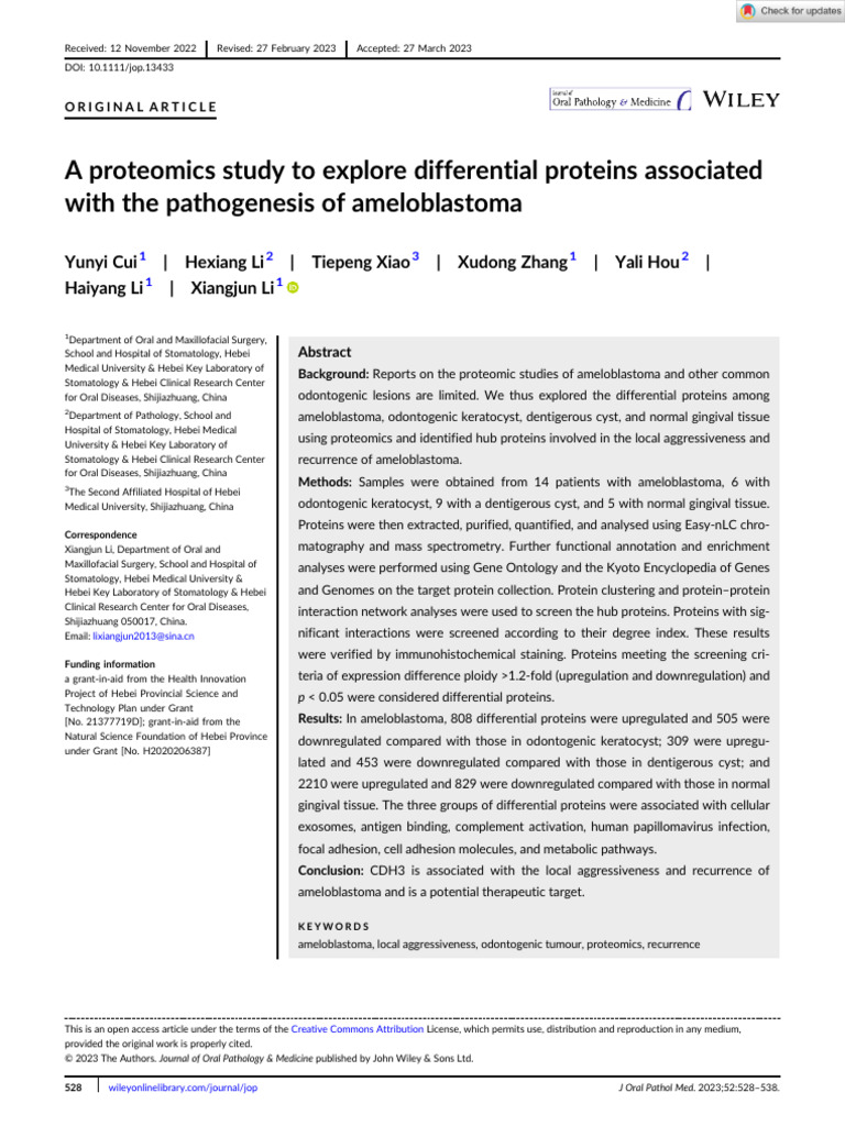 J Oral Pathology Medicine - 2023 - Cui - A Proteomics Study To Explore ...