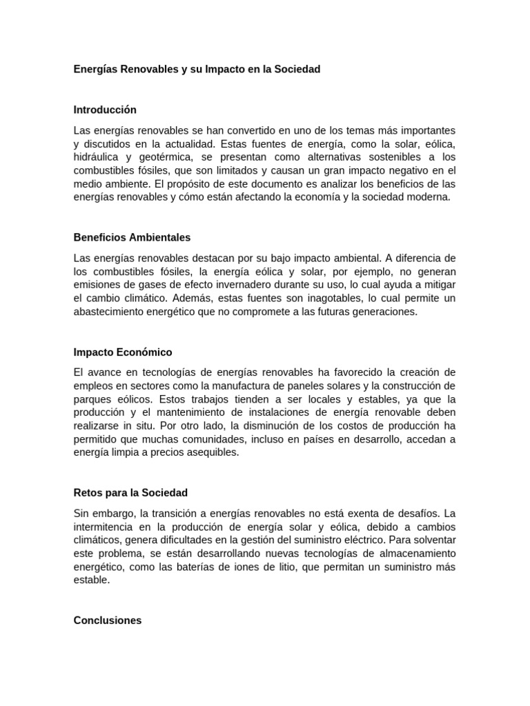 Energías Renovables y Su Impacto en La Sociedad | PDF