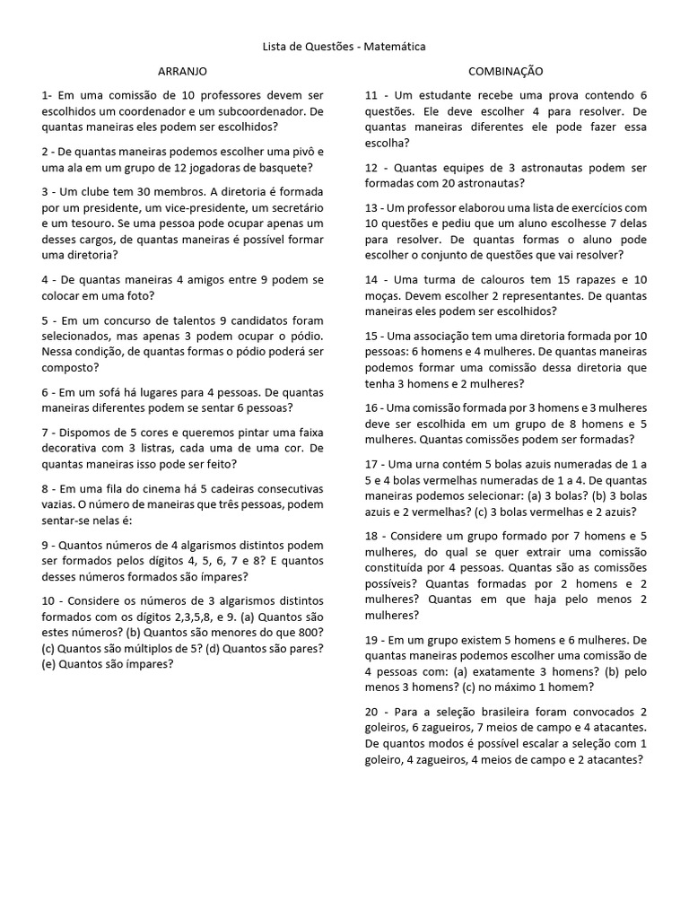 Lista de Questões - Arranjo e Combinação (Matemática) | PDF