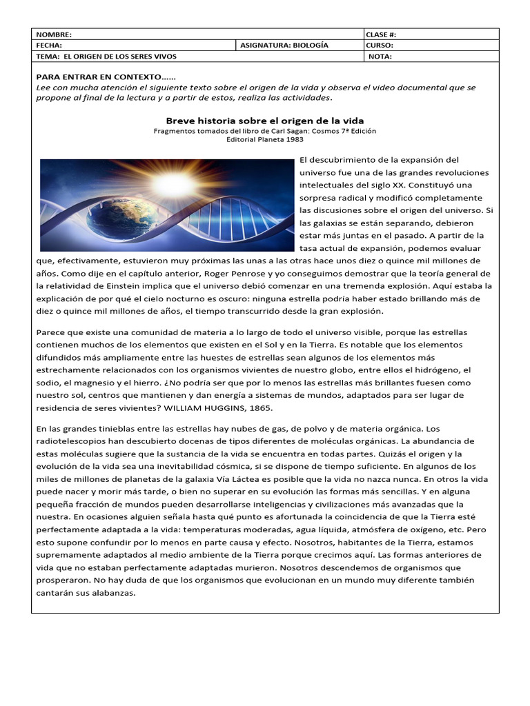 Actividad - 1 - Cartillabiología - Sexto - EL ORIGEN DE LA VIDA | PDF ...