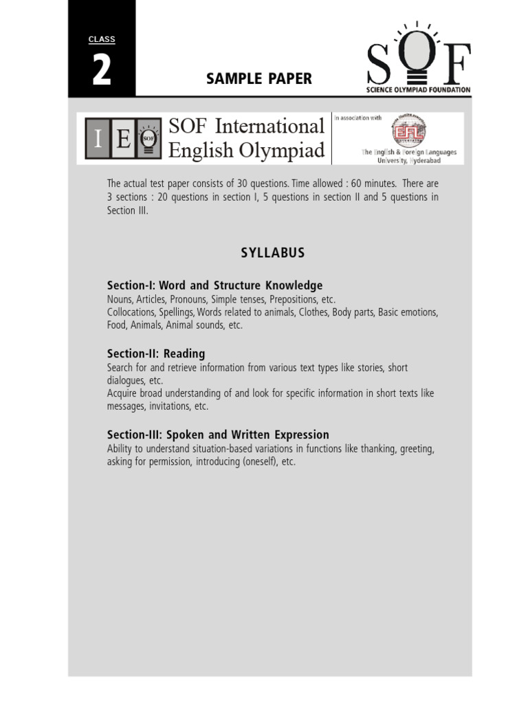 Class 2 English Olympiad Sample Paper | PDF | Word | English Language