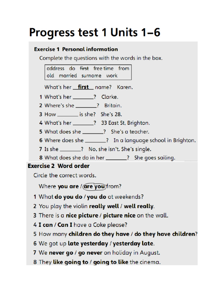 Progress Test 1 (Units 1-6) | PDF