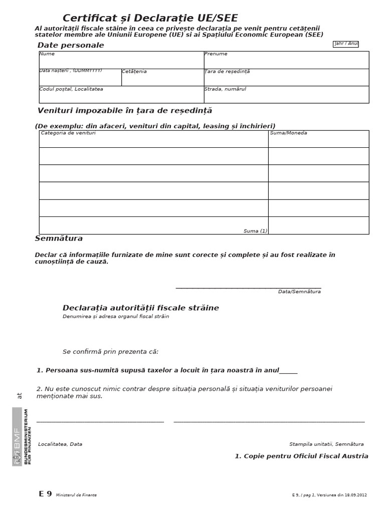 Bescheinigung EU-EWR - Formular E9 Model Română | PDF