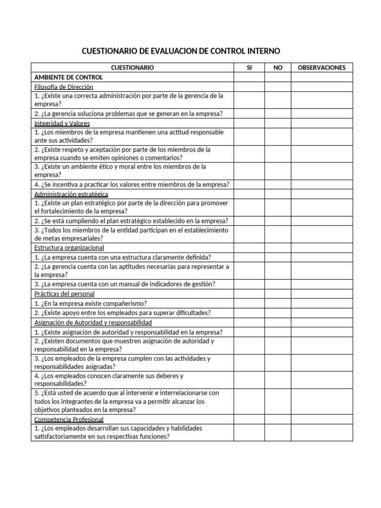 Ejemplo Cuestionario de Control Interno | PDF