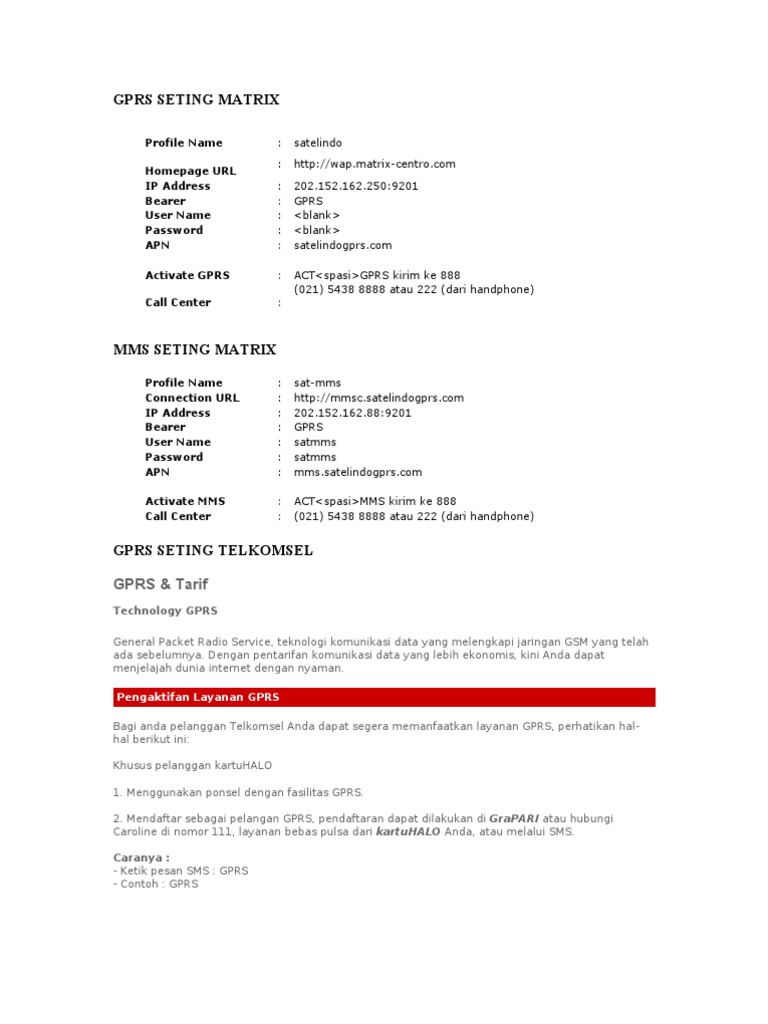 Gprs Seting Matrix