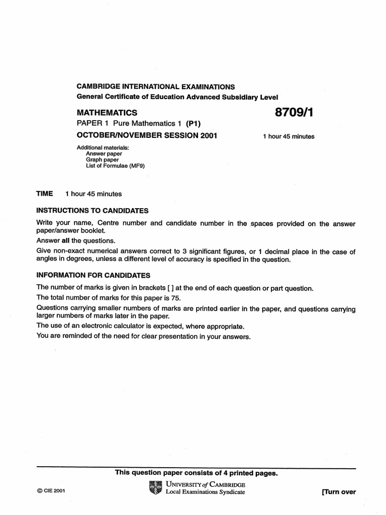 November 2001 Paper 1 | PDF