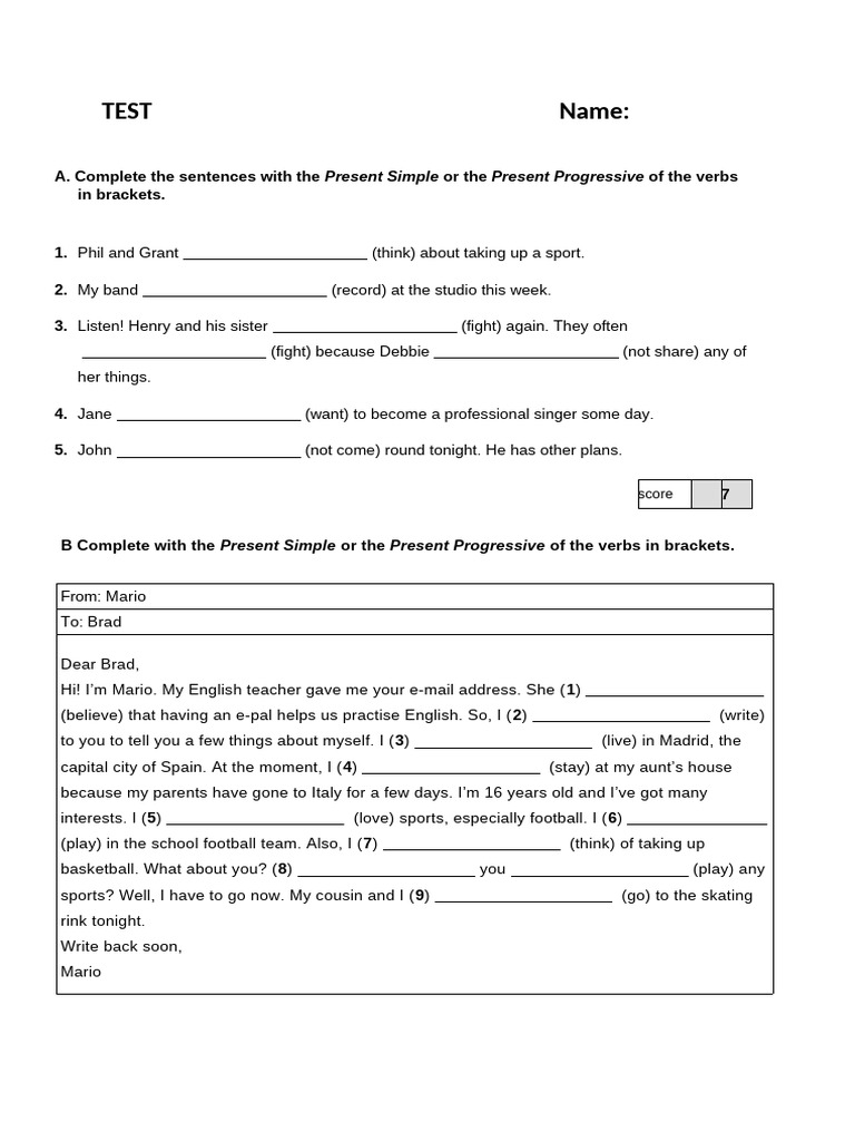 Extra Present Simple Continuous Simple Past Test Pdf