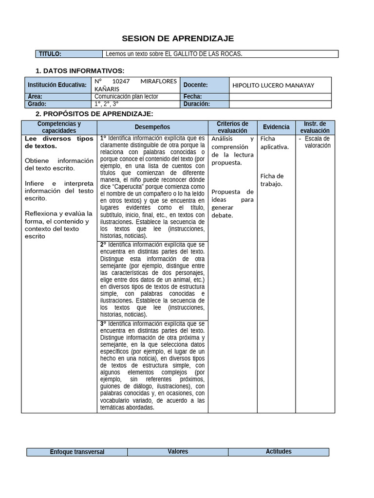 SESION DE APRENDIZAJE Plan Lector | PDF
