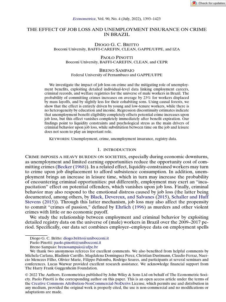 Job Loss, Unemployment Insurance, and Crime in Brazil | PDF ...