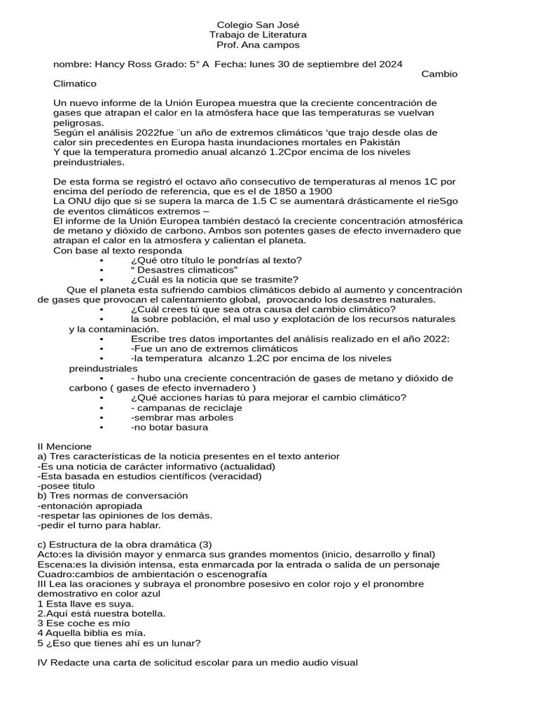 Trabajo de Literatura 5to Grado | PDF