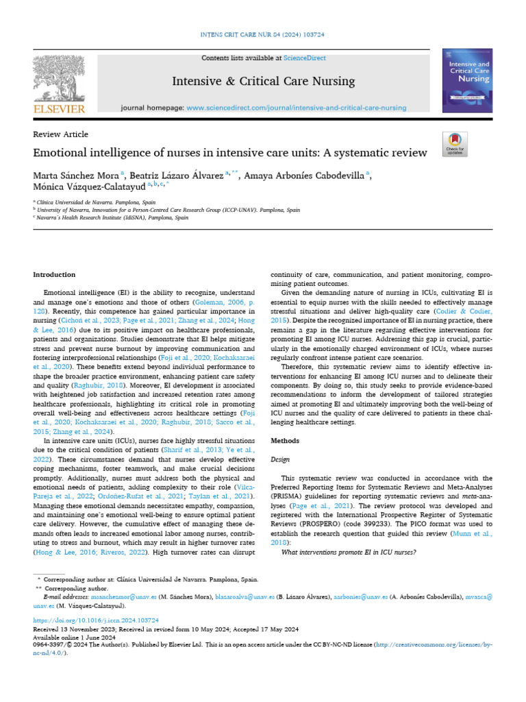 Emotional Intelligence of Nurses in Intensive Care Units - A Systematic ...