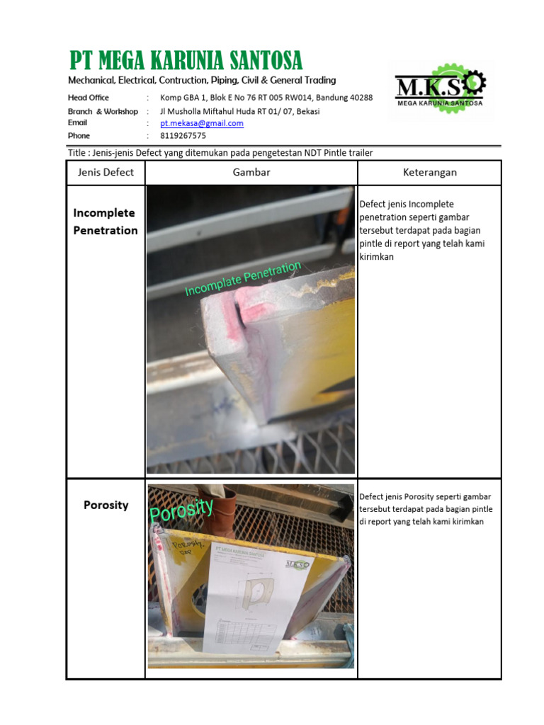 Jenis-Jenis Defect Yang Ditemukan Pada Pengetestan NDT Pintle Trailer | PDF