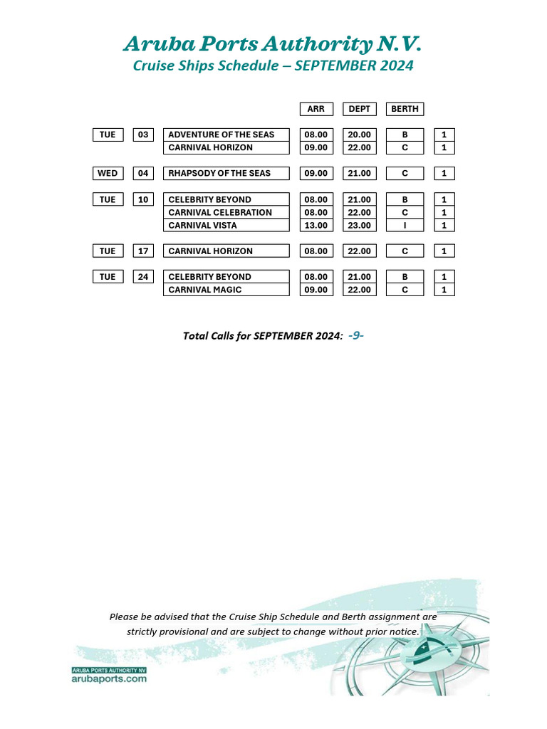 Cruise Ship Schedule SEPTEMBER 2024 Public 2 | PDF | Home & Garden