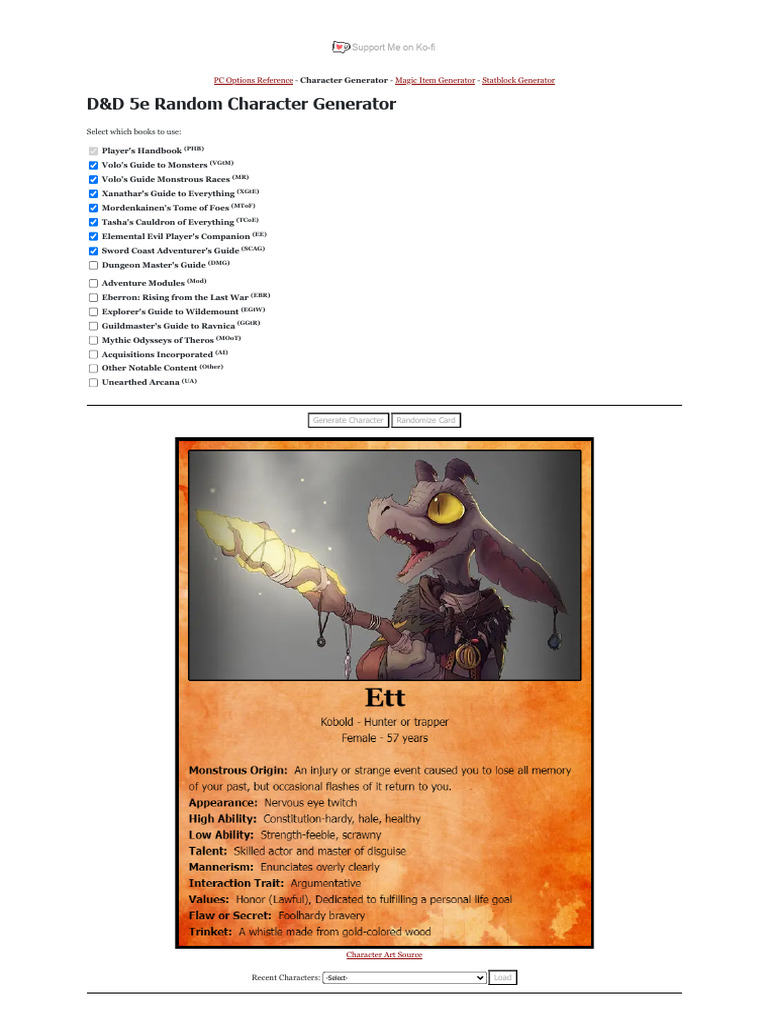 D d 5e random character generator pc options reference magic item