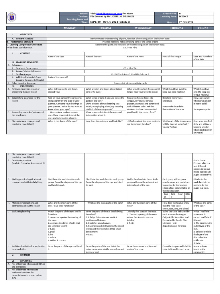 DLL - Science 3 - Q2 - W1 | PDF