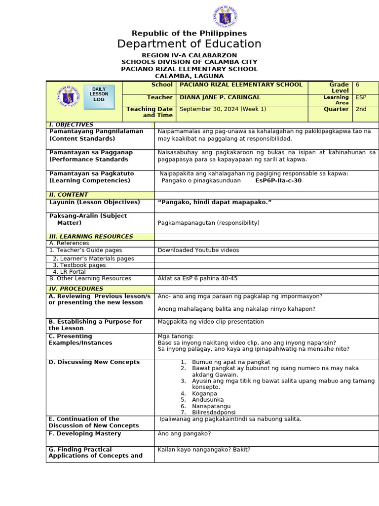 DLL ESP 6 Week 1 Day 1 | PDF