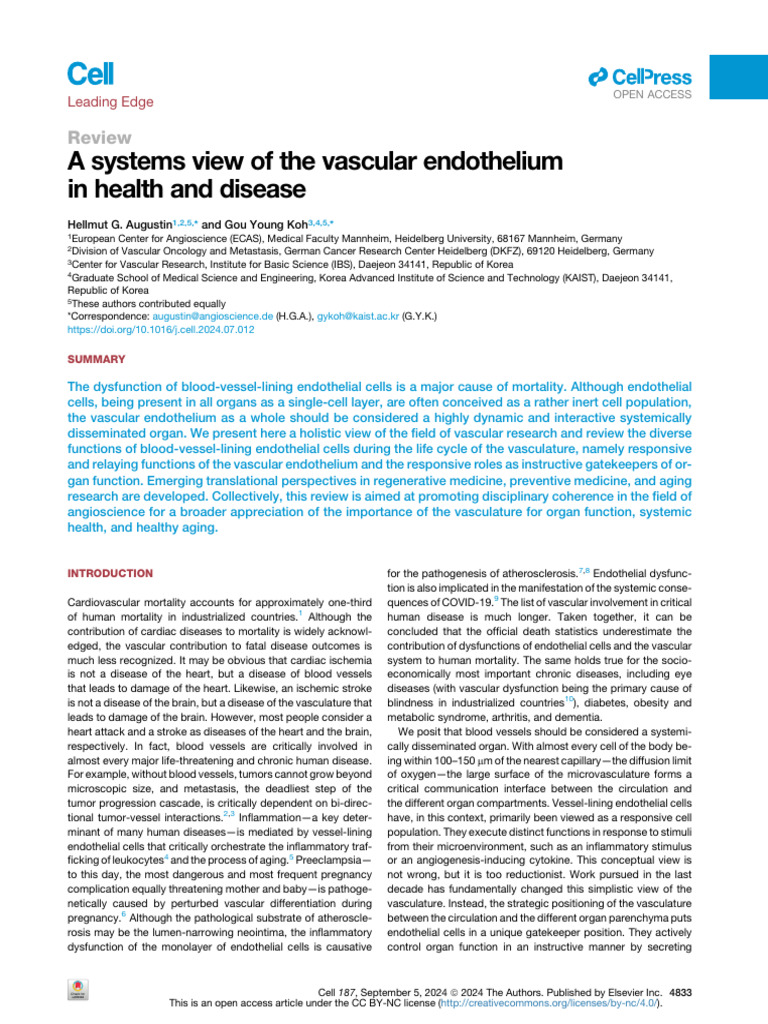 A Systems View of The Vascular Endothelium in Health and Disease | PDF