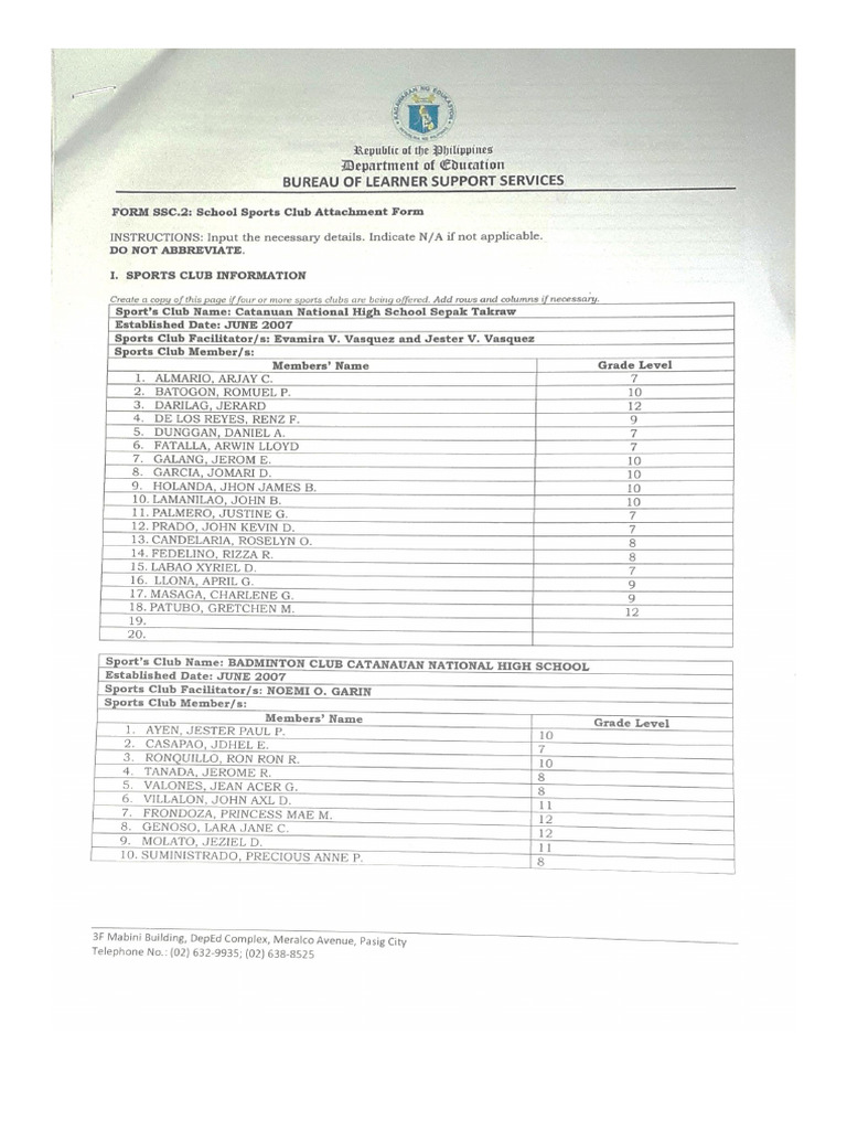 Catanauan NHS FORM SSC.2 School Sports Club Attachment Form v1 | PDF