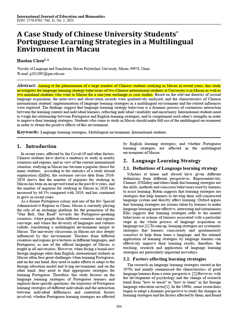 A Case Study of Chinese University Students Portu | PDF