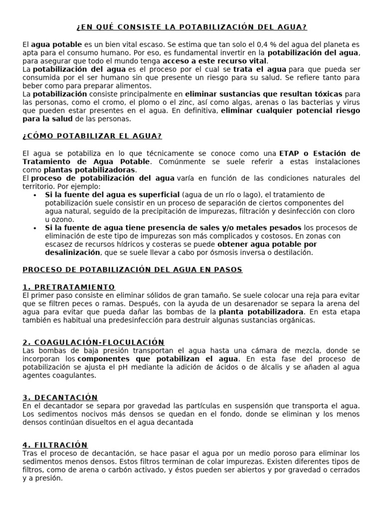 En Qué Consiste La Potabilización Del Agua | PDF