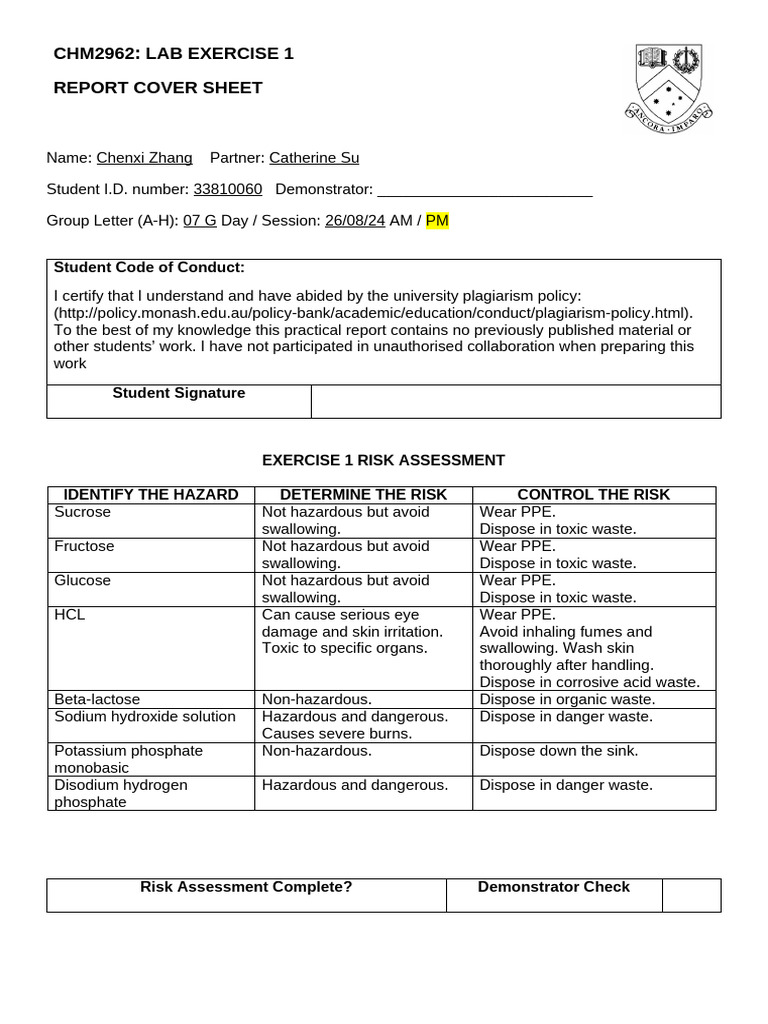 Exercise 1-Pre-Lab Risk Assessment | PDF